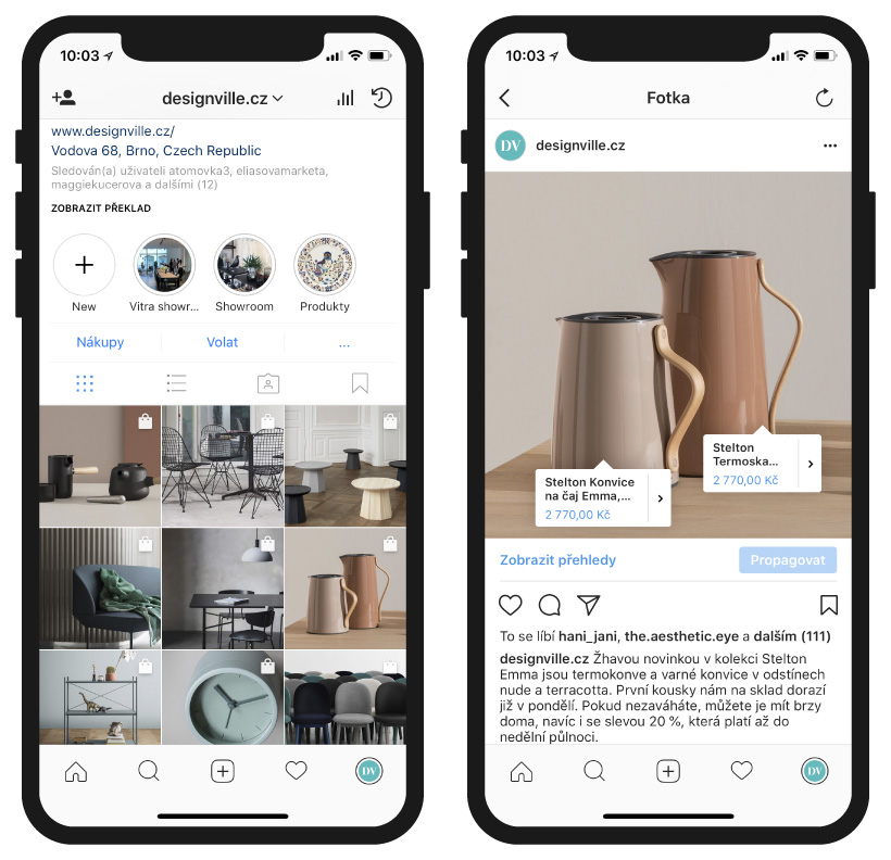 Tagování produktu - Instagram DesignVille