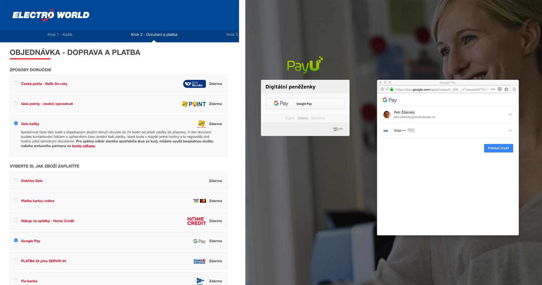 Google Pay implementation on the frontend of ElectroWorld.cz 