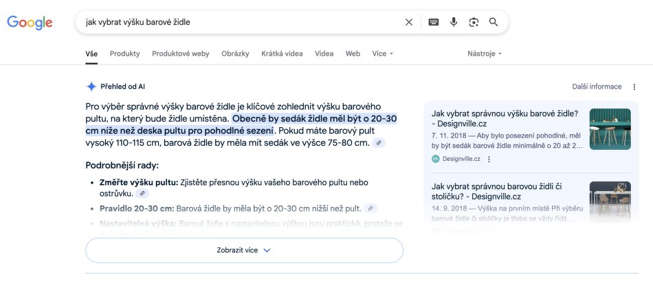 Google AI Overview na dotaz „jak vybrat výšku barové židle“