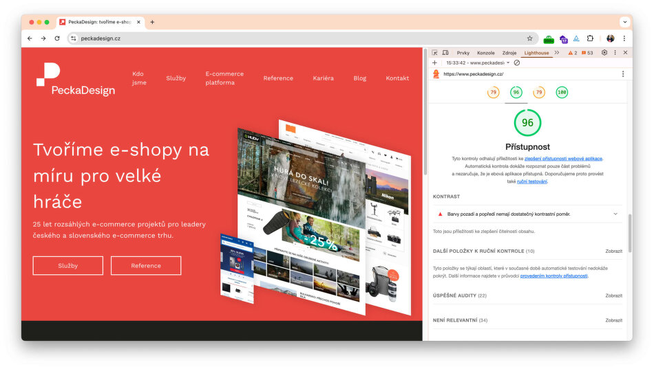 Hodnocení přístupnosti webu PeckaDesign.cz nástrojem Lighthouse se skóre 96 bodů ze 100