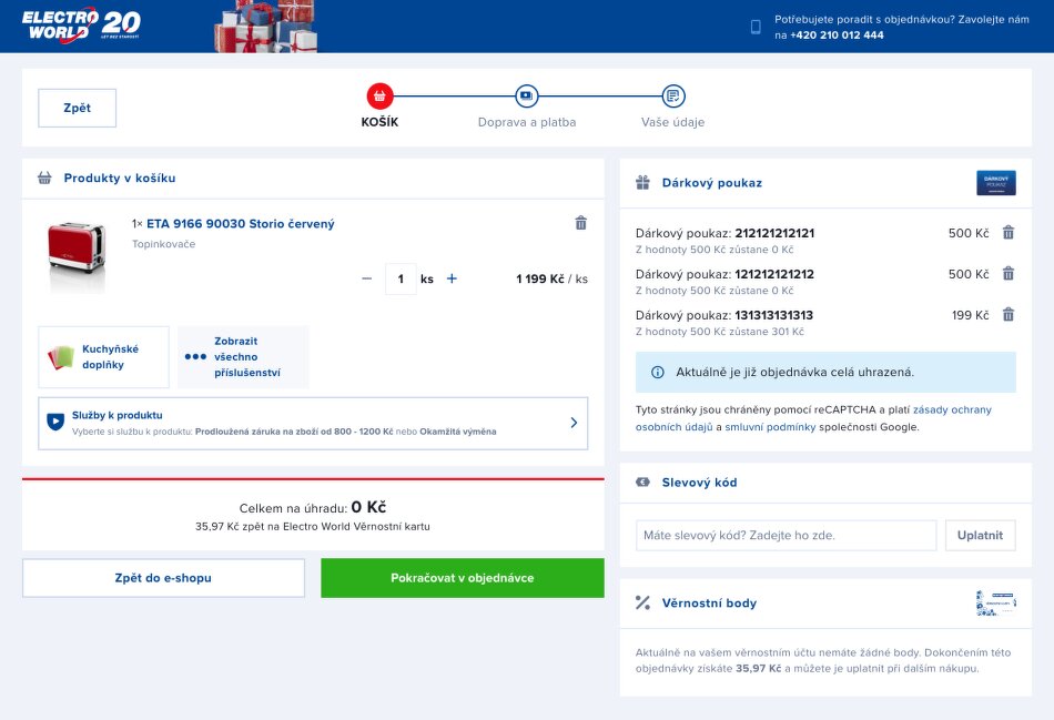 Uplatnění dárkového poukazu v košíku ElectroWorld.cz