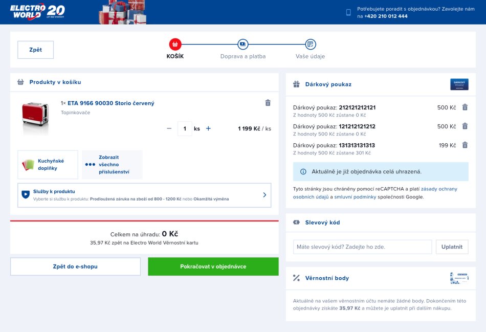 Uplatnění dárkového poukazu v košíku ElectroWorld.cz