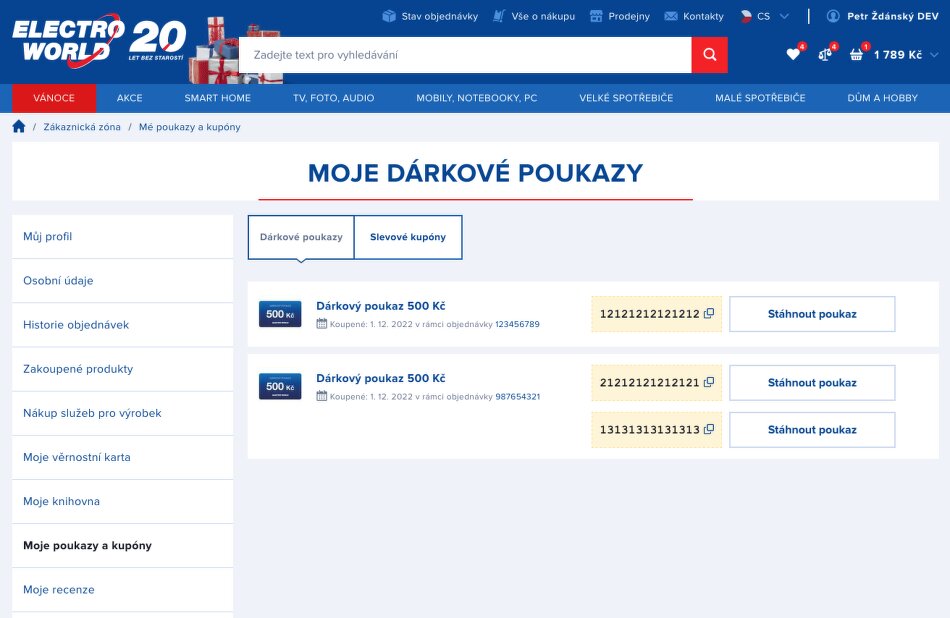 Uživatelská sekce ElectroWorld.cz s dárkovými poukazy